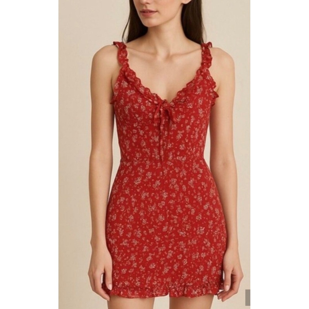 Japna Red Floral Smocked Mini Dress Ruffle Straps Tie Front Size S